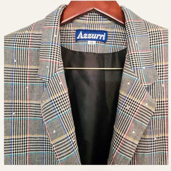 Vintage Azzurri Women's Blazer with Rhinestones & Plaid Pattern –‎ Size 14 - Picture 6 of 7